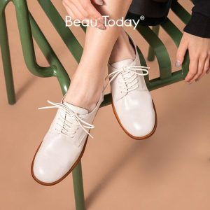 BeauToday Casual Shoes Women Oxfords Calfskin Genuine Leather Round Toe Lace-Up Closure Spring Ladies Derby Shoes Handmade 21359